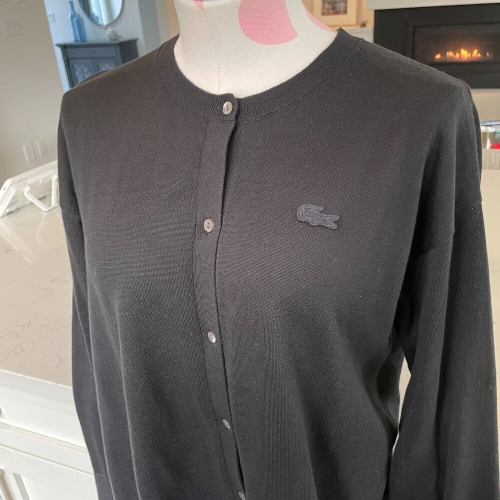 Lacoste LS Crew Neck Relaxed Fit 100% Cotton Knit Cardigan Sweater Black Sz 34 - Picture 2 of 12